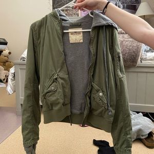 hollister green & grey bomber jacket